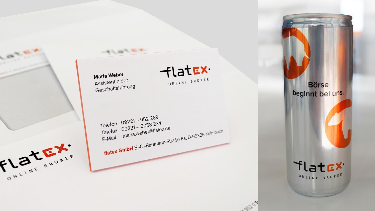 flatex Markenbild Visitenkarte und Getränkedose